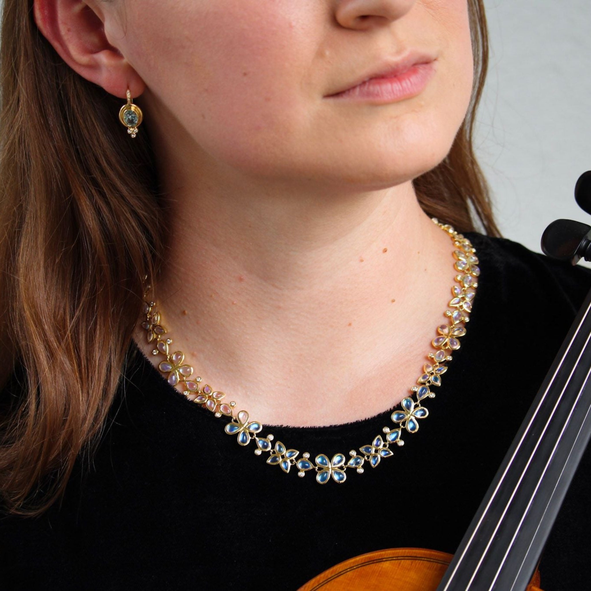 Temple St. Clair Blue Moonstone & Diamond Flower Cluster Necklace