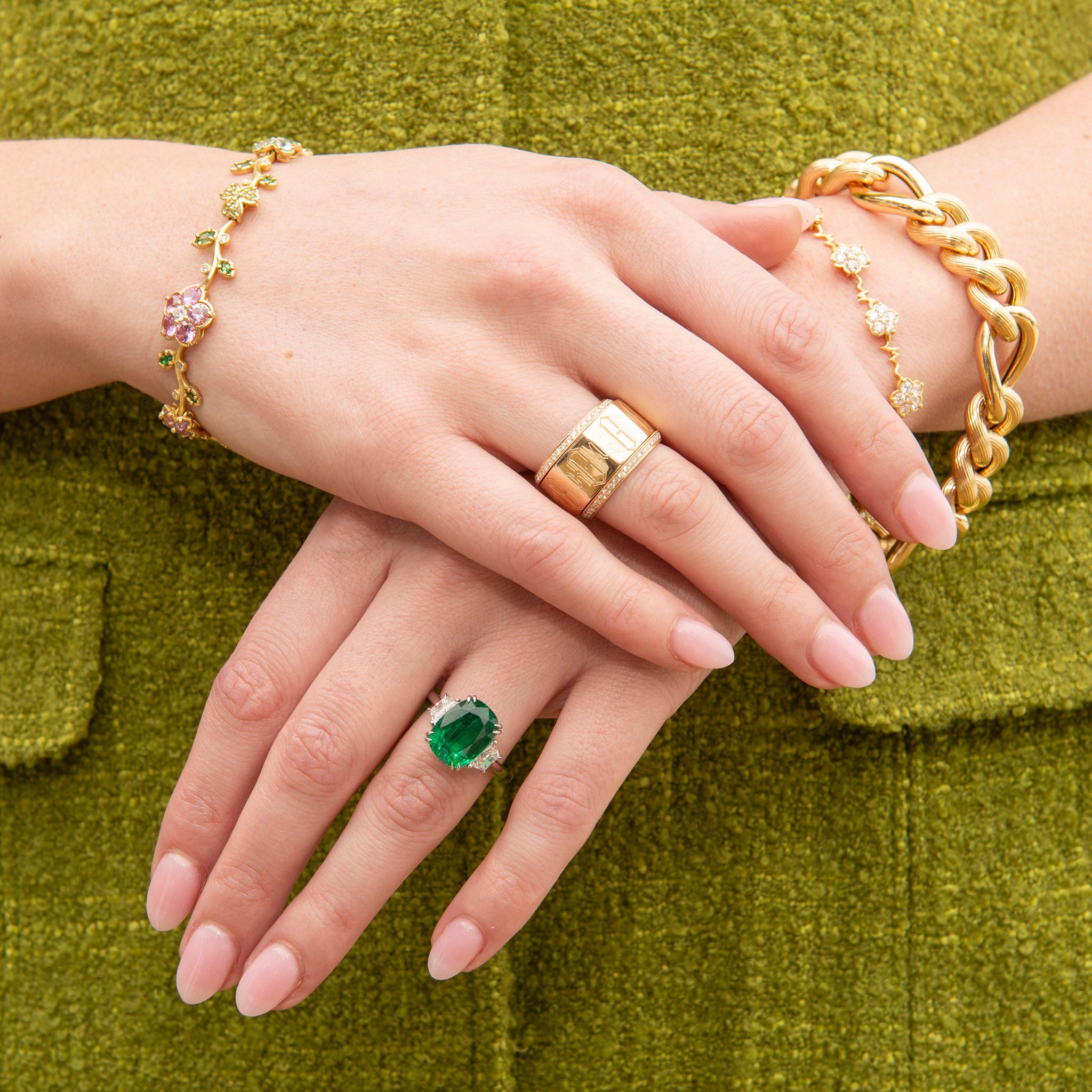 Personalized 14K Gold Family Ring, Diamond 14K Yellow Gold Milgrain Angled Eternity Band, 5ct Cushion Emerald & Trapezoid Diamond Three-Stone Platinum Ring