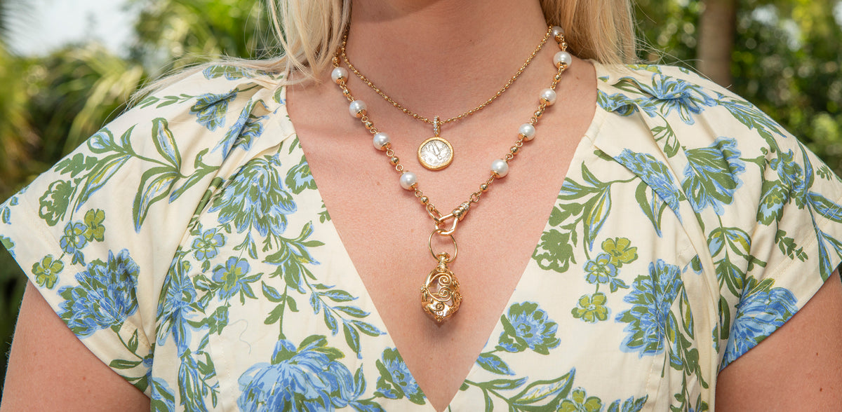 Croghan's gifts header summer pendant necklaces styled single stone pearl chain sword gate amulet