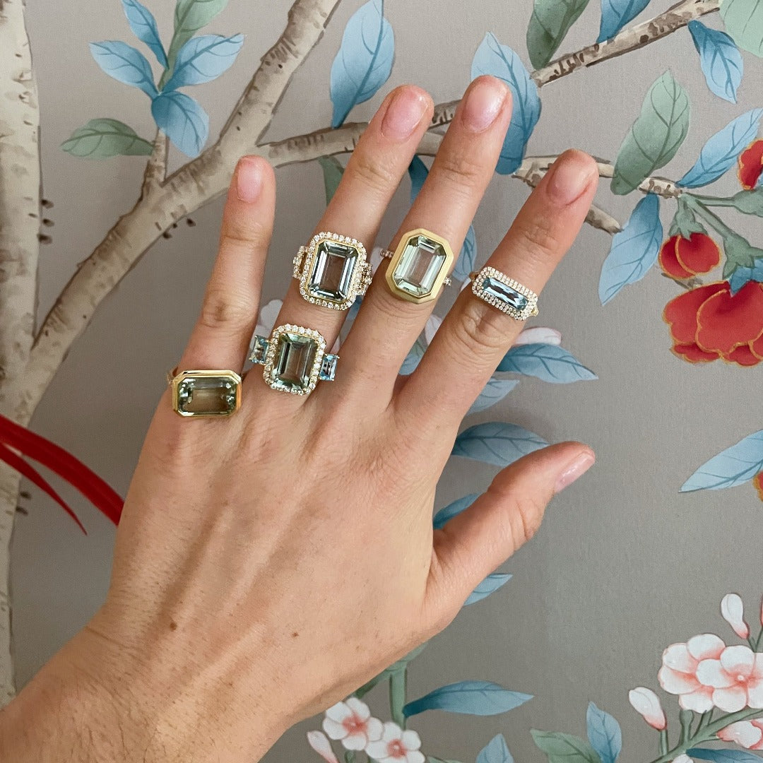 Emerald Cut Green Amethyst & Pavé Diamond 18K Gold Ring