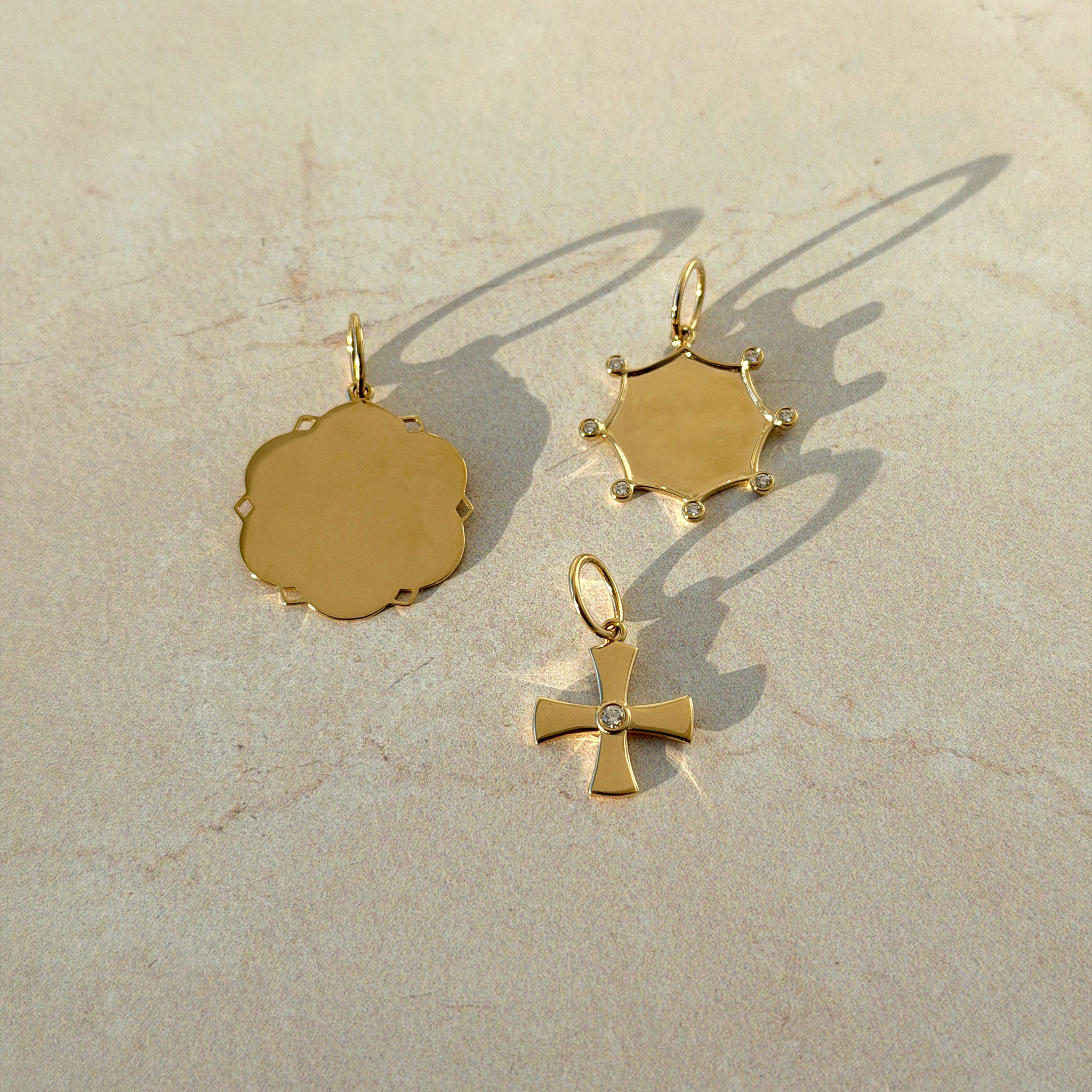 14K Yellow Gold Scalloped Edge Pendant, Diamond 14K Yellow Gold Pendant, Diamond 14K Yellow Gold Birthstone Cross Pendant