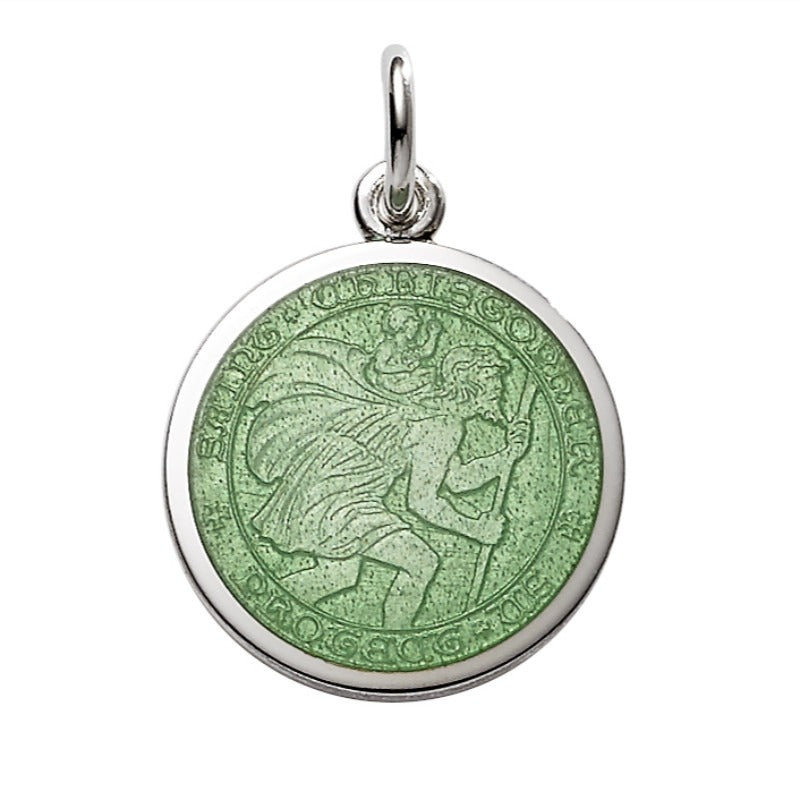 Sterling Silver Enamel St. Christopher Medal Pendant Light Green