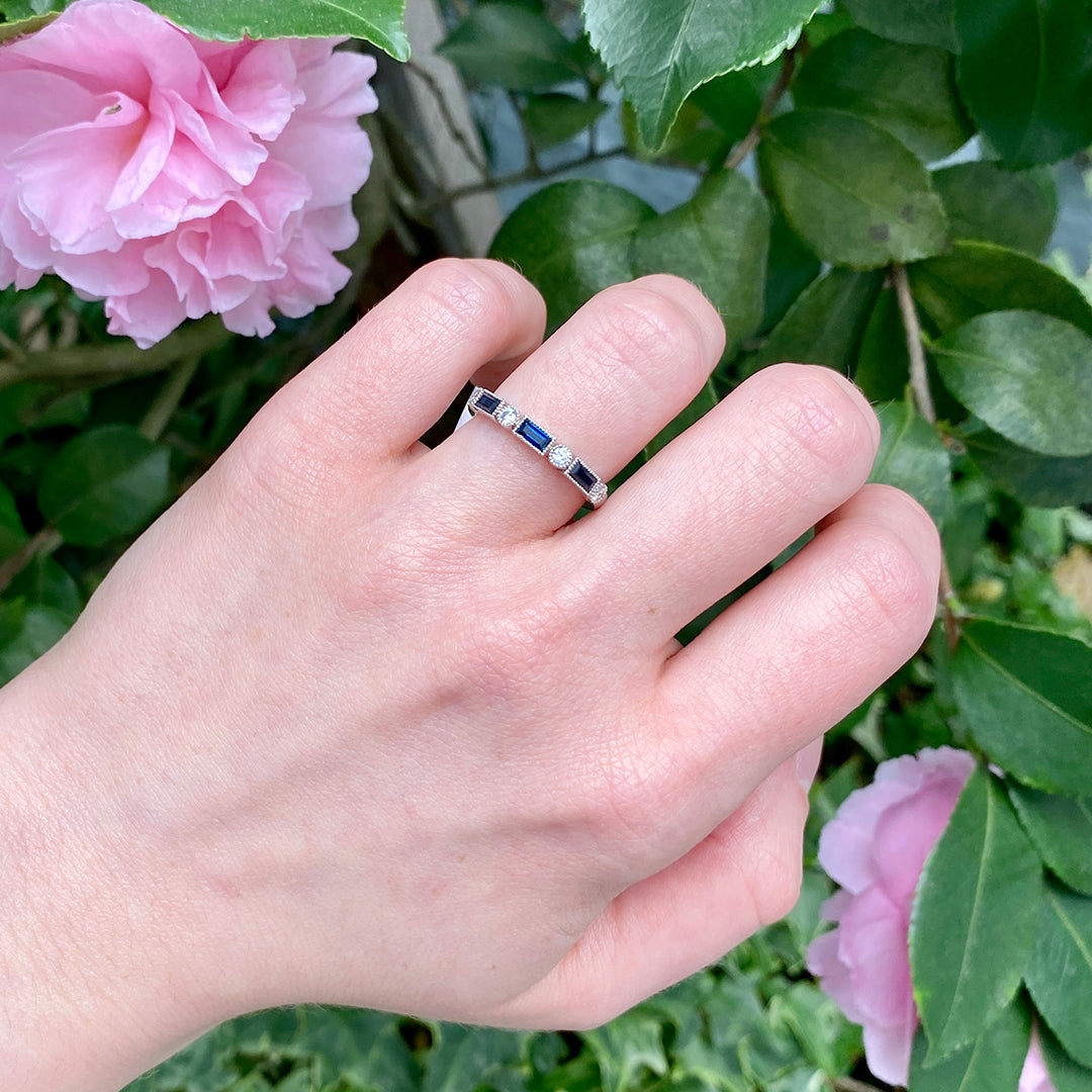 Baguette Sapphire & Diamond Milgrain Halfway 14K Gold Band