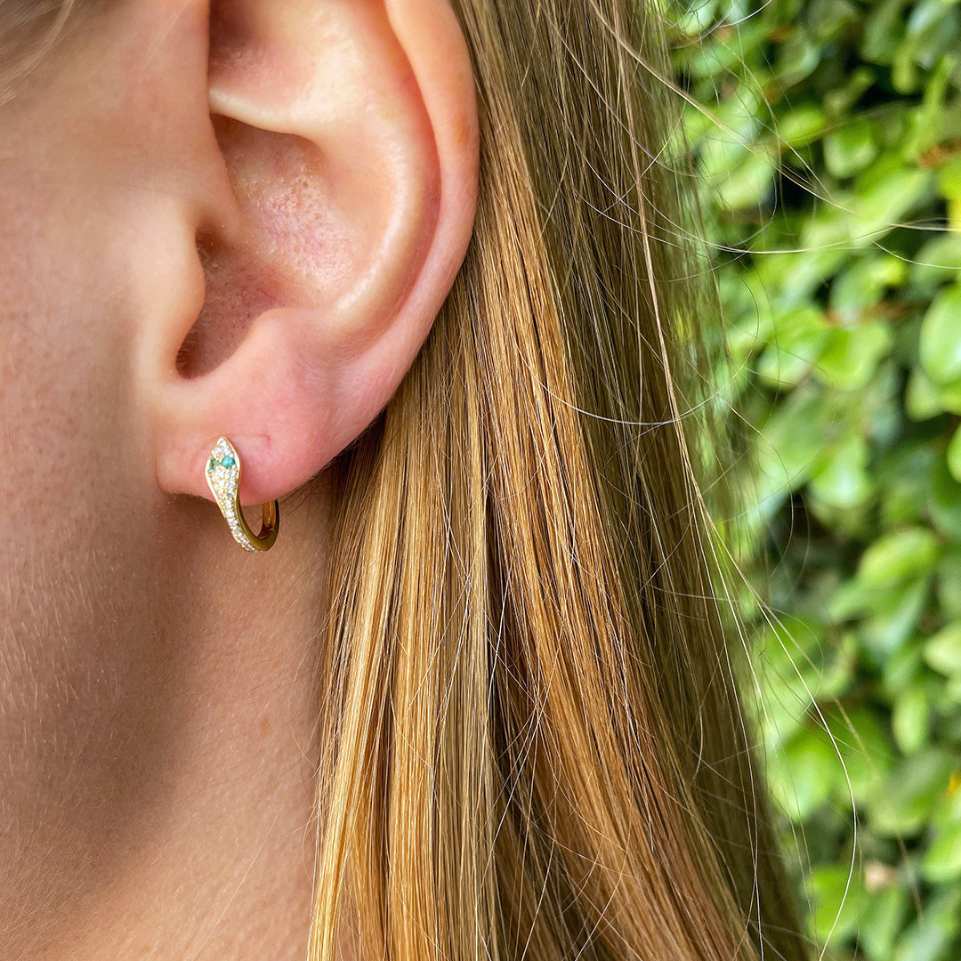 Diamond & Emerald 14K Gold Snake Huggie Earrings