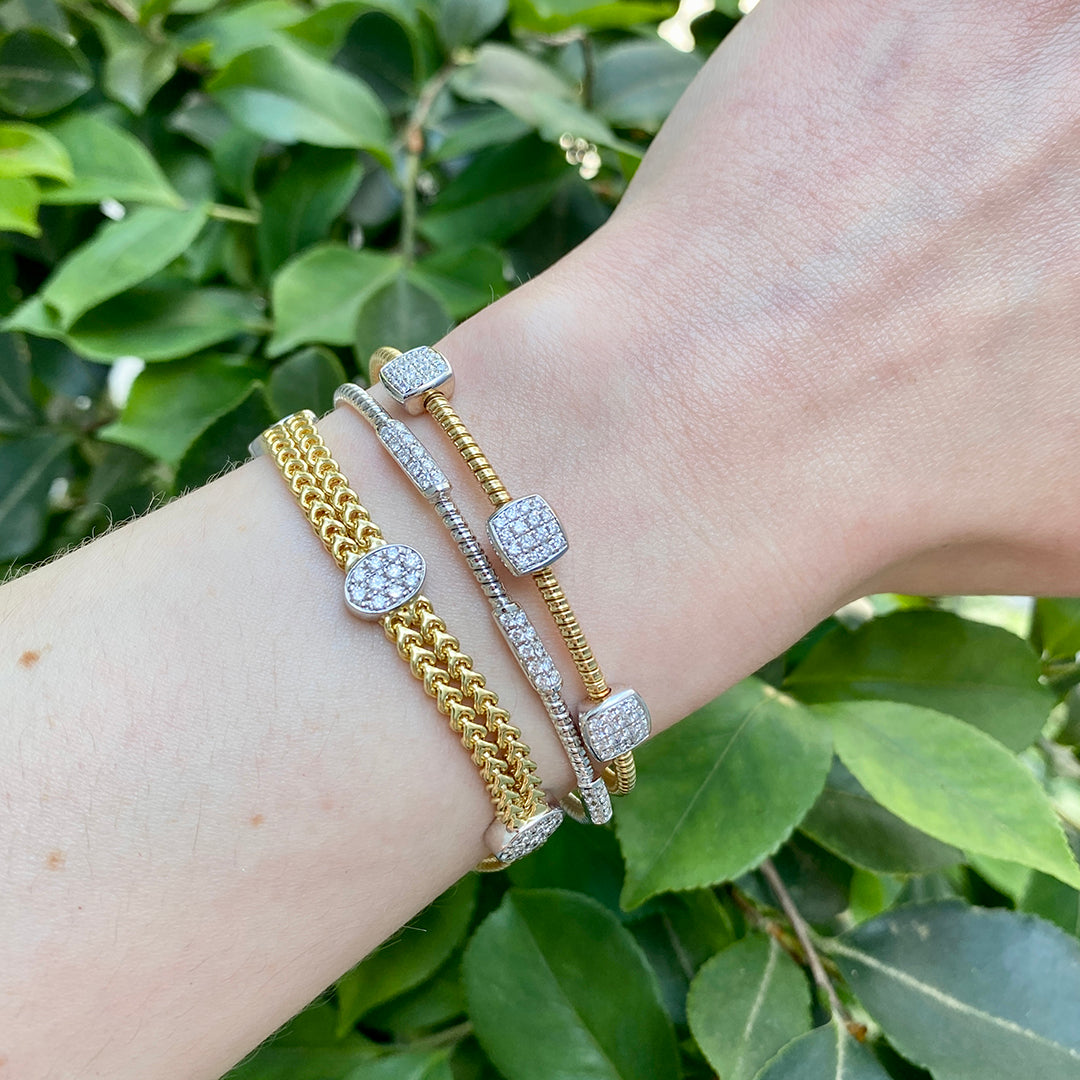 Diamond 3 Station 18K Yellow Gold Flexible Cuff Bangle