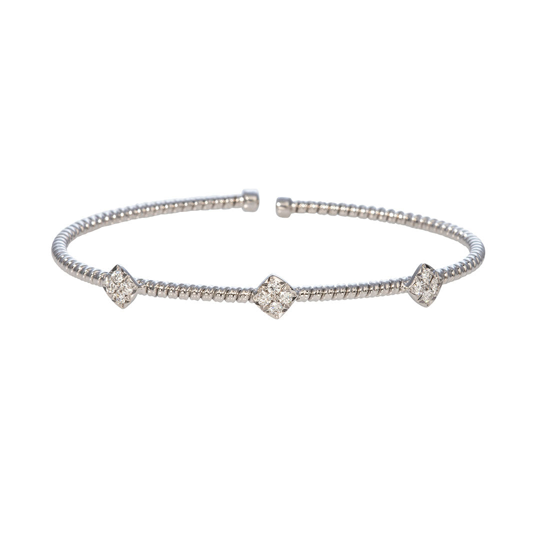 Diamond 3 Station 18K White Gold Flexible Cuff Bangle