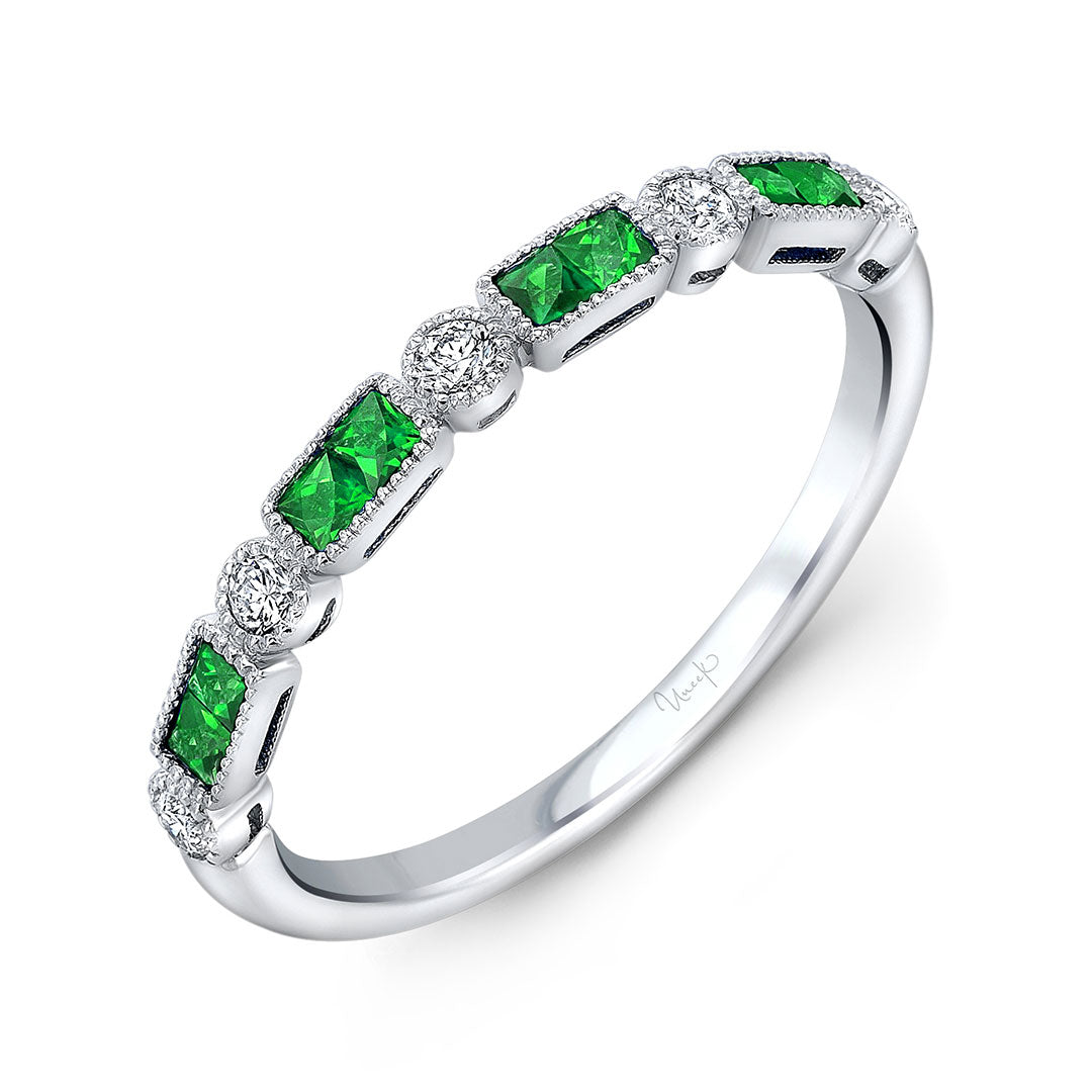 Emerald & Diamond Milgrain 14K White Gold Halfway Band