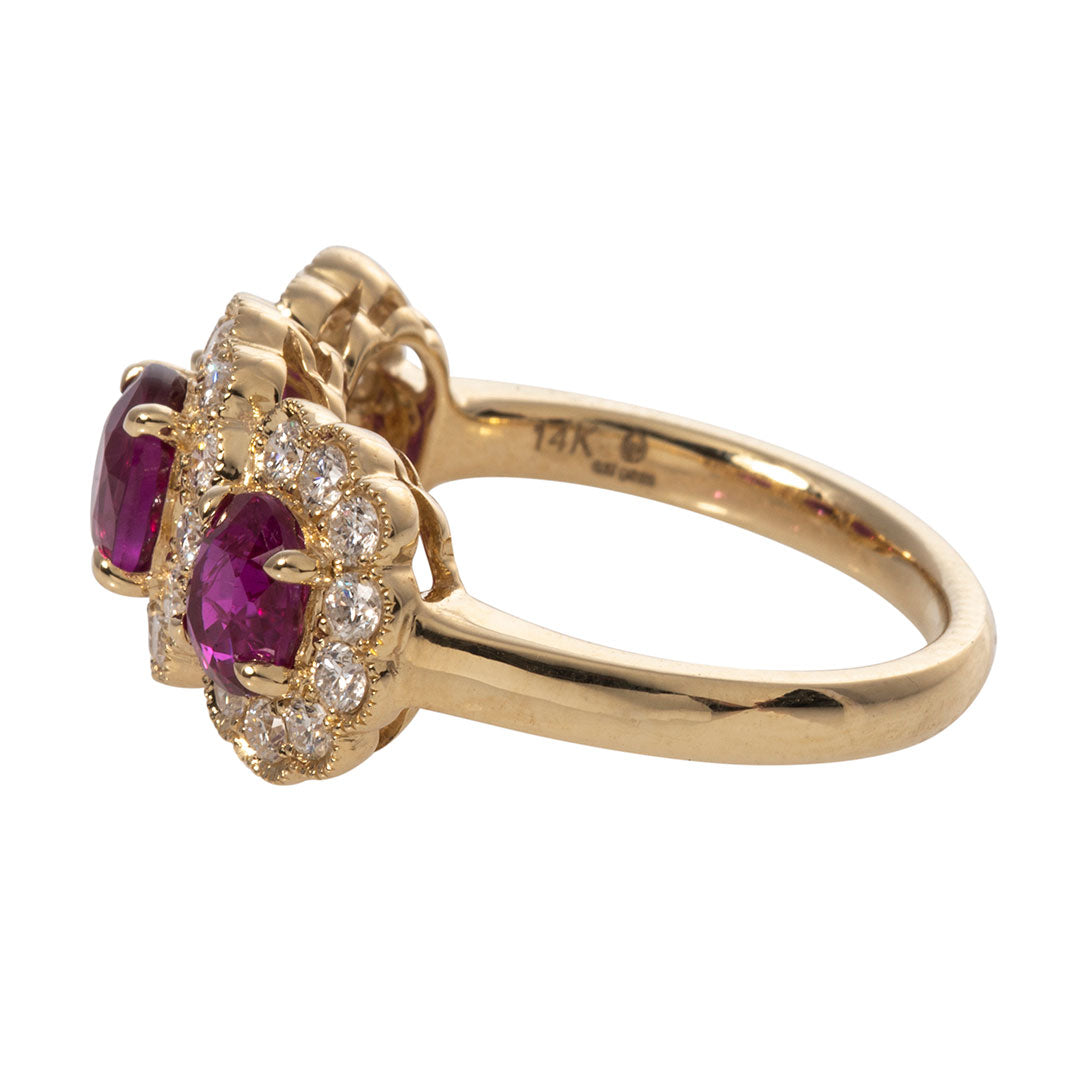 Three-Stone Oval Ruby & Diamond Halo 14K Yellow Gold Ring
