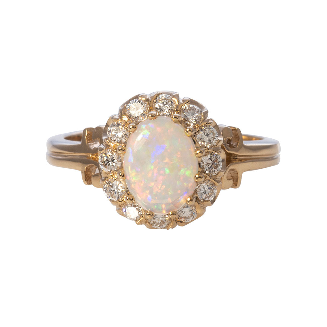 Oval Opal & Diamond Cluster 14K Yellow Gold Ring