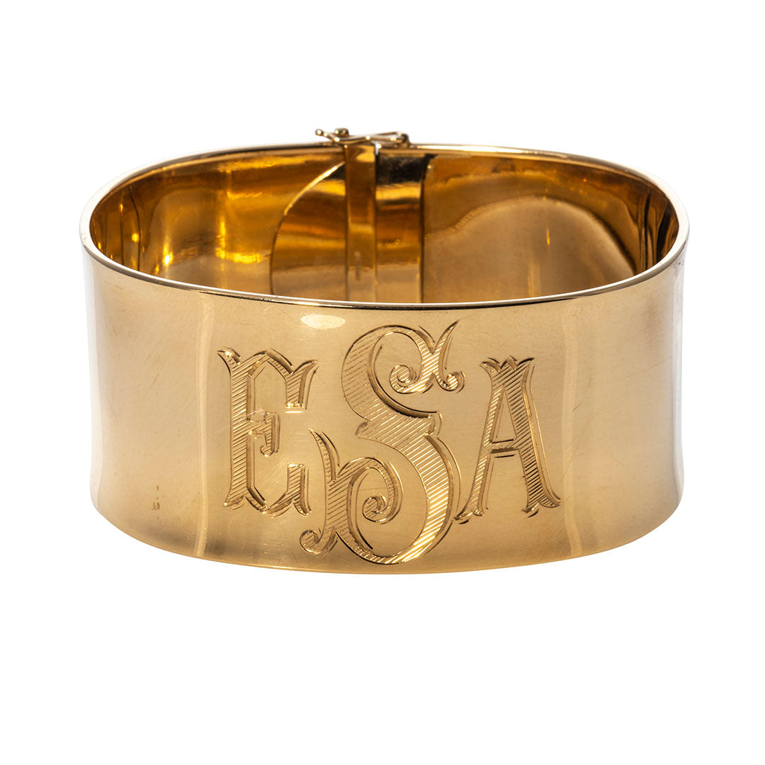 Engraved Block Monogram Extra Wide 14K Gold Cuff Bangle
