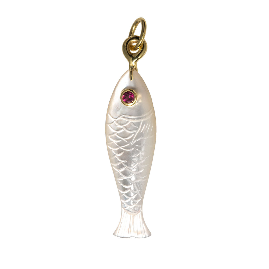 Mazza Mother of Pearl & Ruby 14K Gold Long Fish Small Pendant