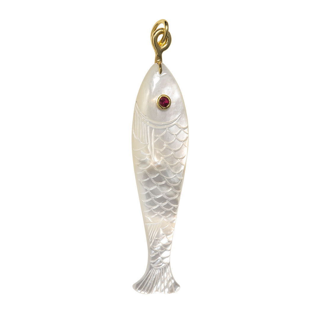 Mazza Mother of Pearl & Ruby 14K Gold Fish Pendant Large