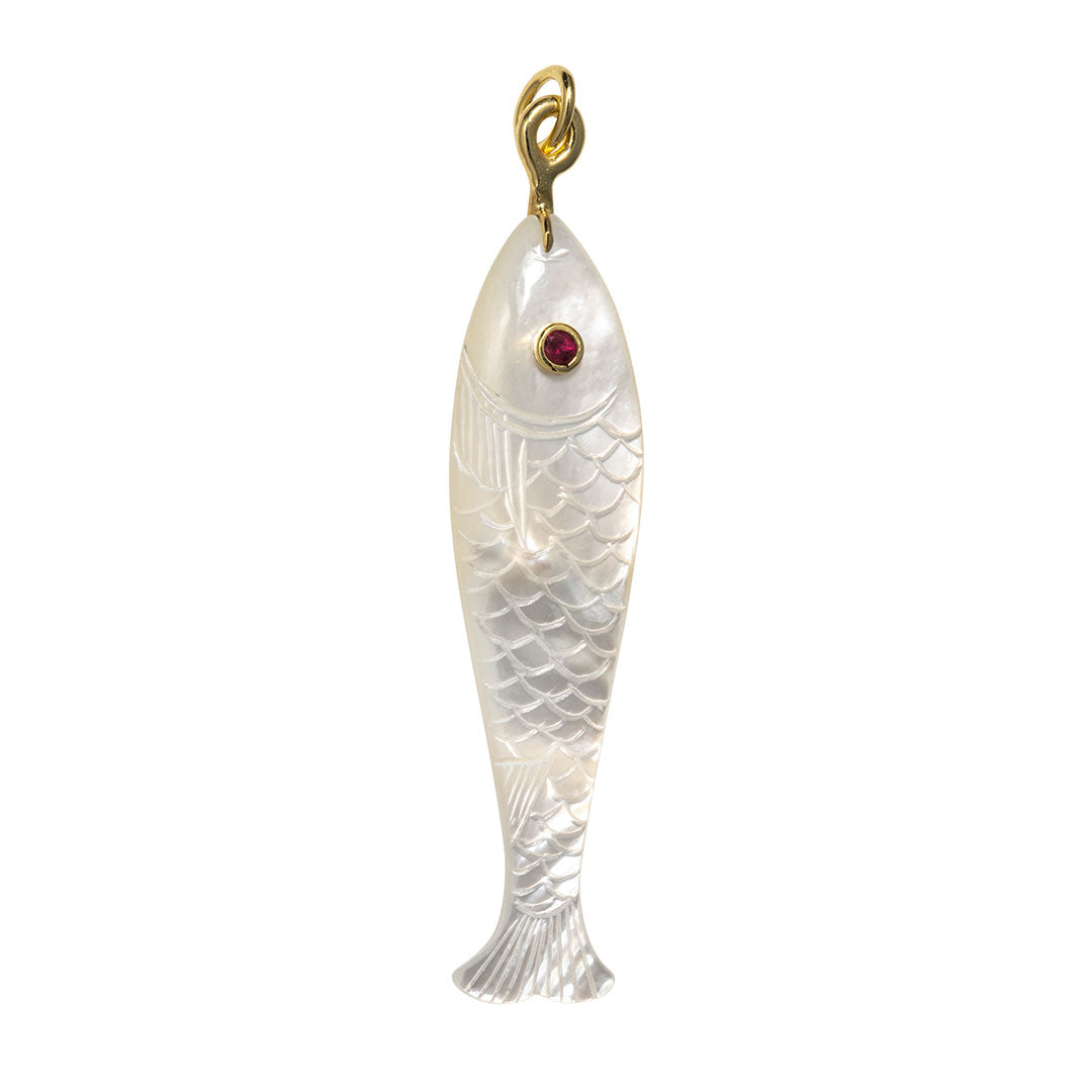 Mazza Mother of Pearl & Ruby 14K Gold Long Fish Pendant