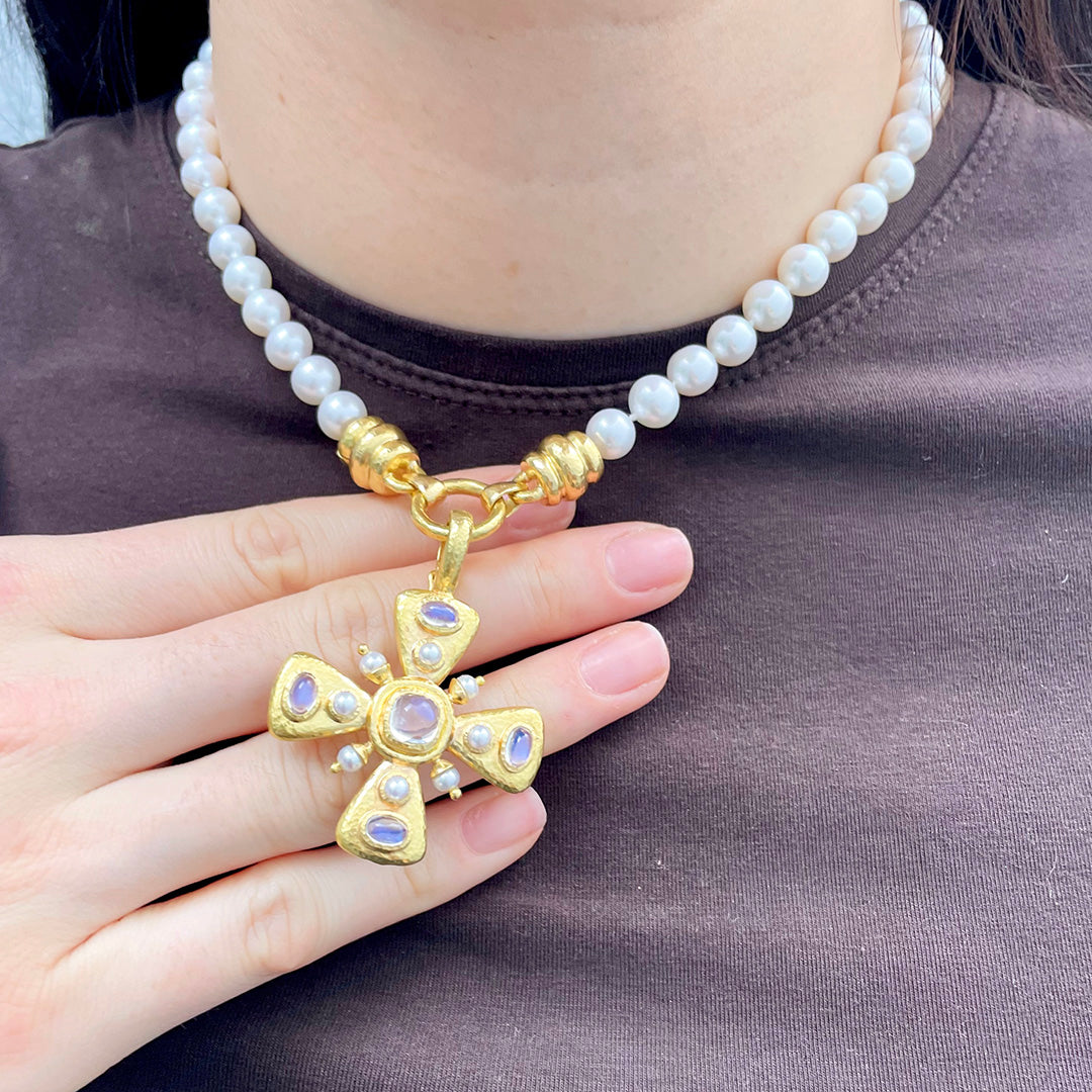Elizabeth Locke Moonstone & Pearl Maltese Cross Pendant