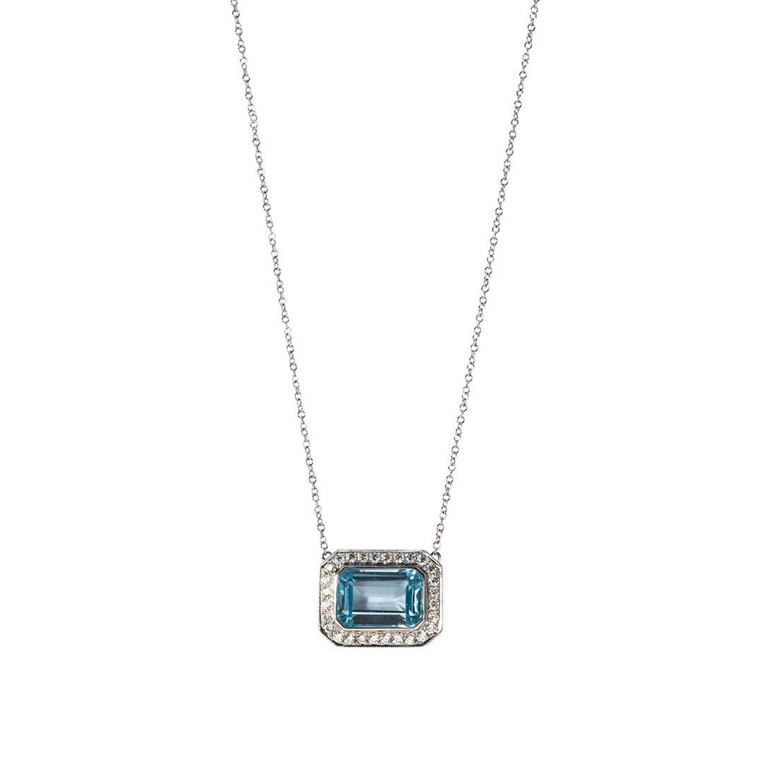 Emerald Cut Blue Topaz & Diamond 18K Gold Pendant Necklace