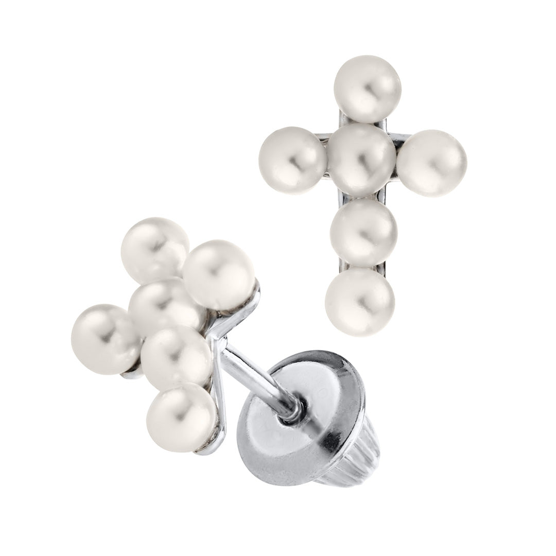 Child Sterling Silver Pearl Cross Stud Earrings