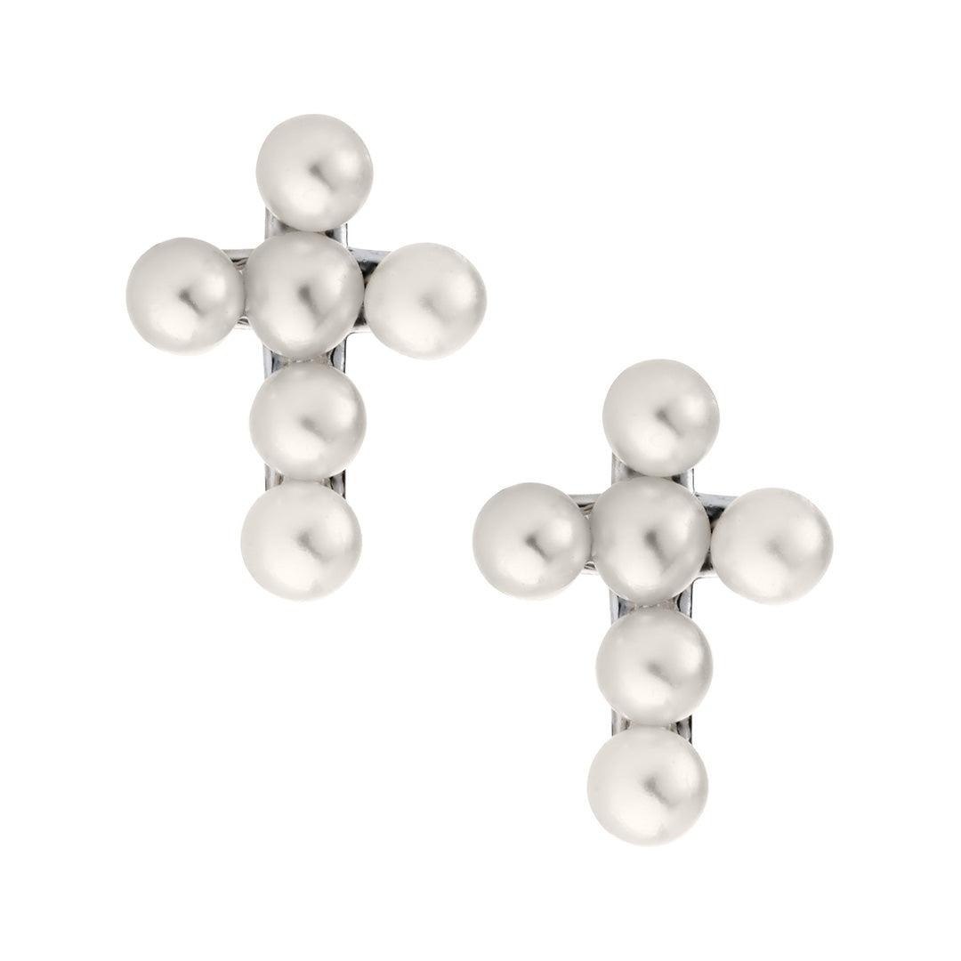 Child Sterling Silver Pearl Cross Stud Earrings