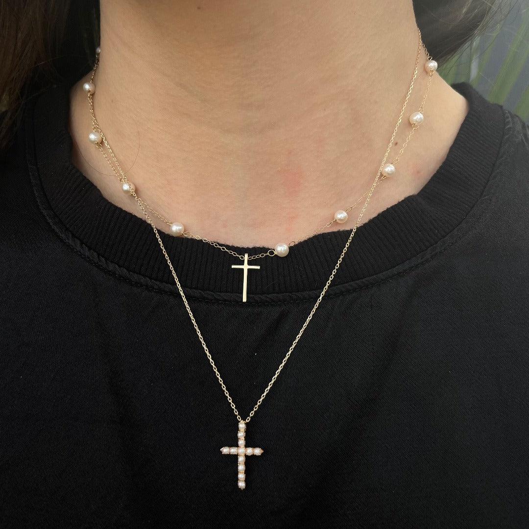 Child 4mm Freshwater Pearl Station 14K Yellow Gold Cross Necklace