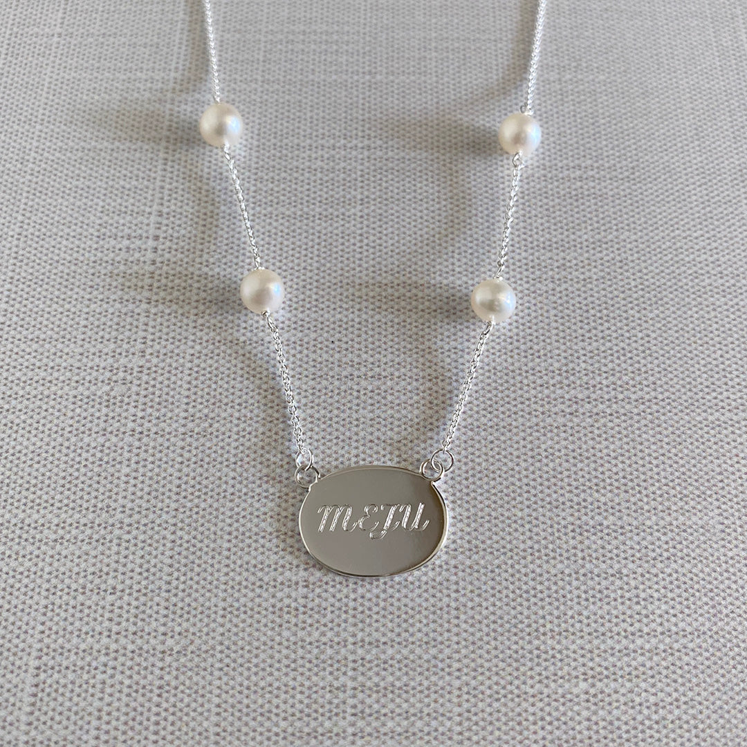 Sterling Silver ID Pendant & Pearl Necklace with machine engraving