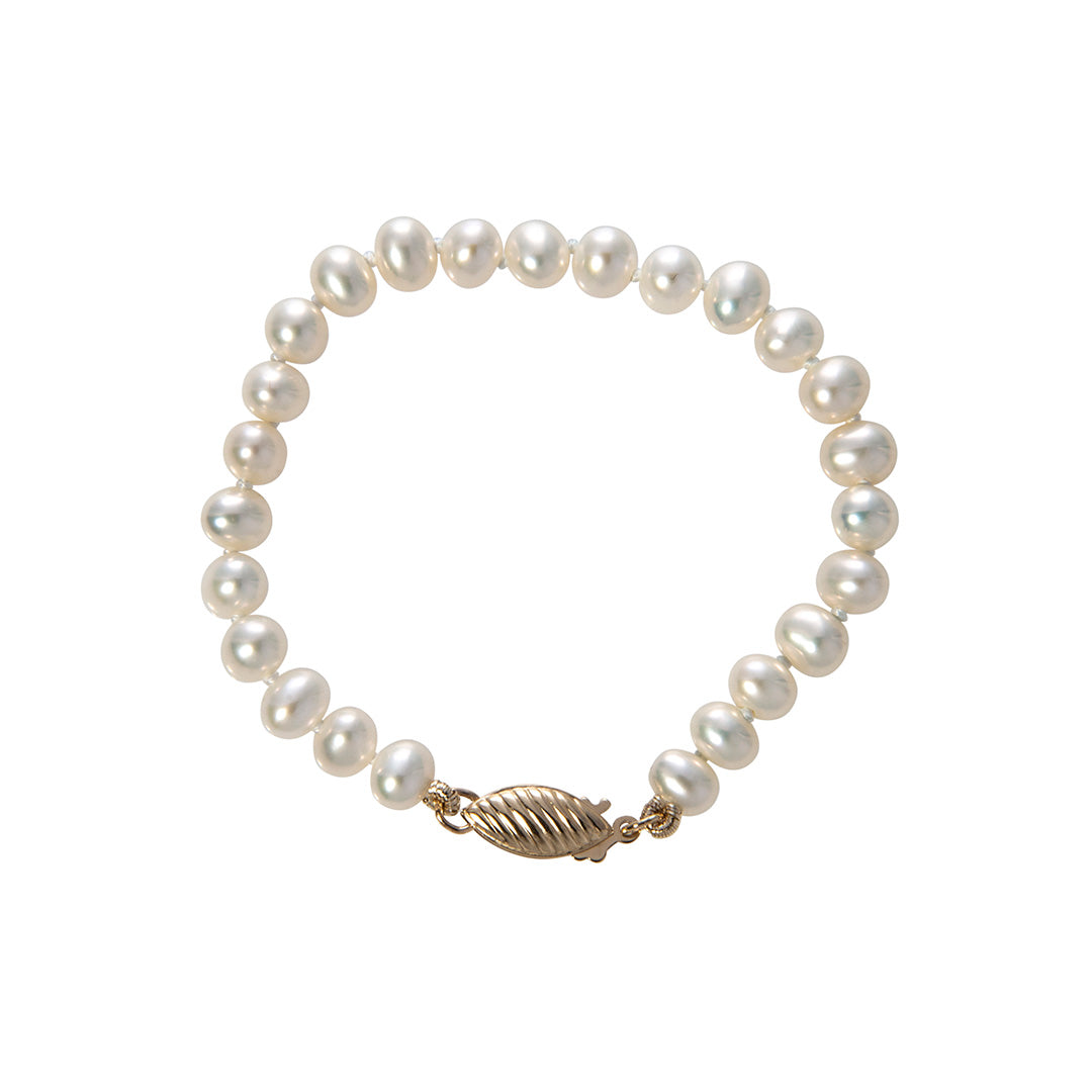 14K Yellow Gold Freshwater Cultured Pearl Fish Clasp Bracelet (6-7 mm)