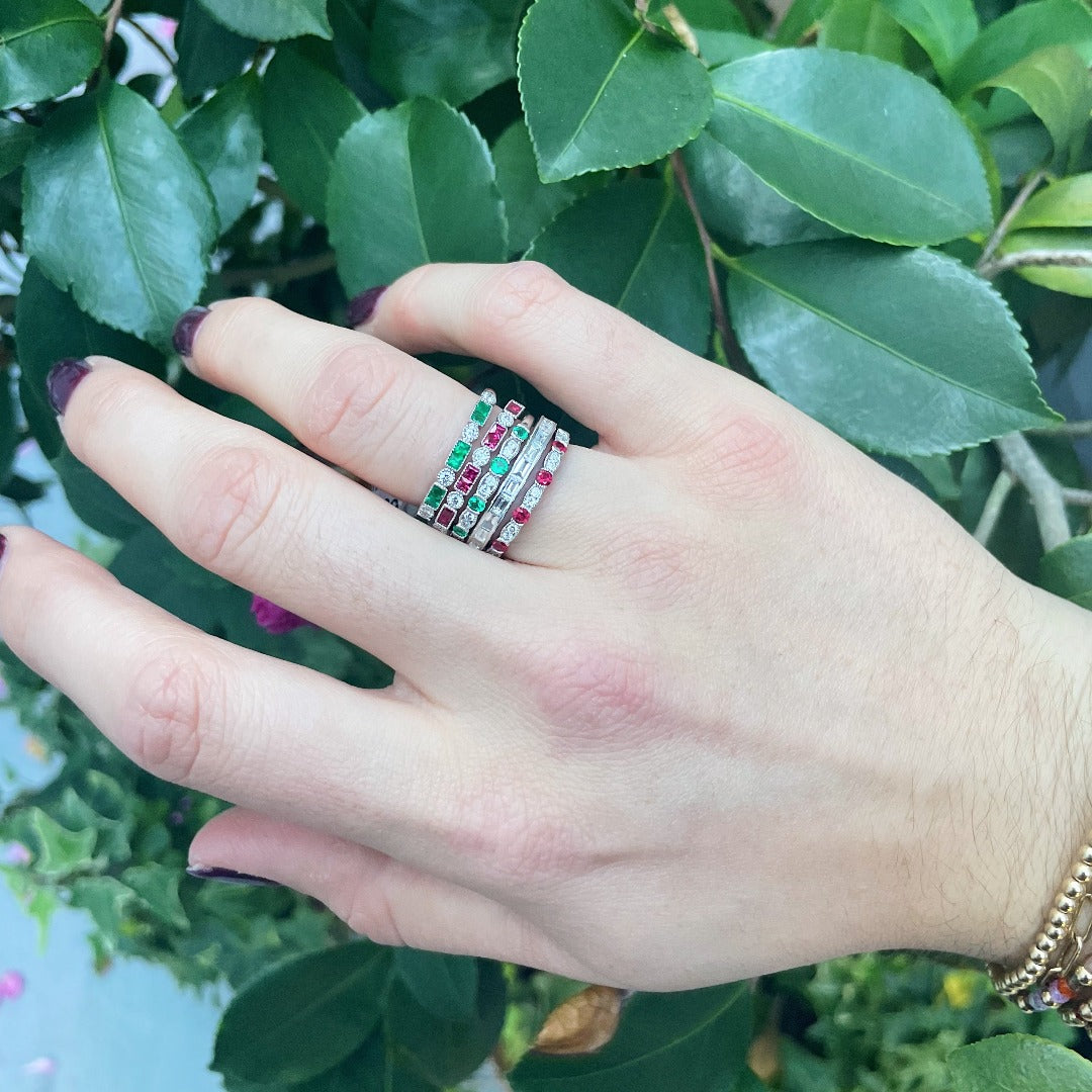 Emerald & Diamond Milgrain 14K White Gold Halfway Band