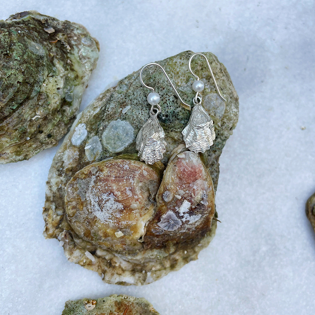 Sterling Silver Oyster Shell Pearl Dangle Earrings