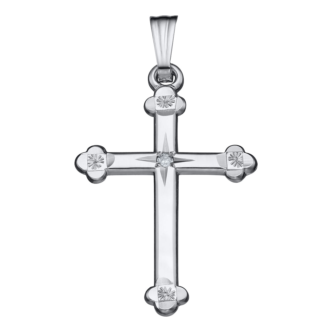 Diamond Sterling Silver Budded Cross Pendant Necklace