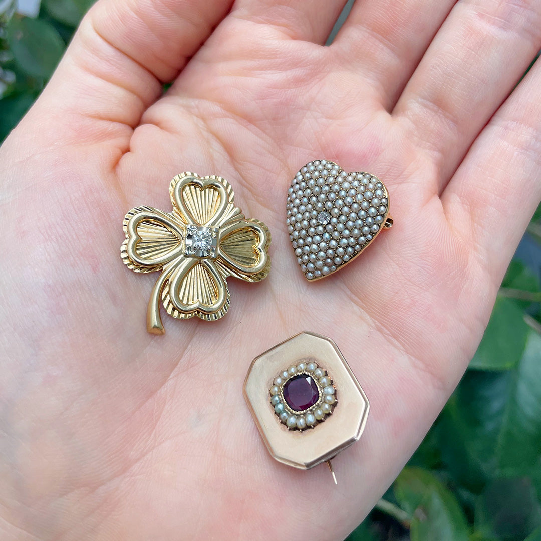 Victorian Diamond & Pearl Pavé 14K Gold Heart Pin/Pendant
