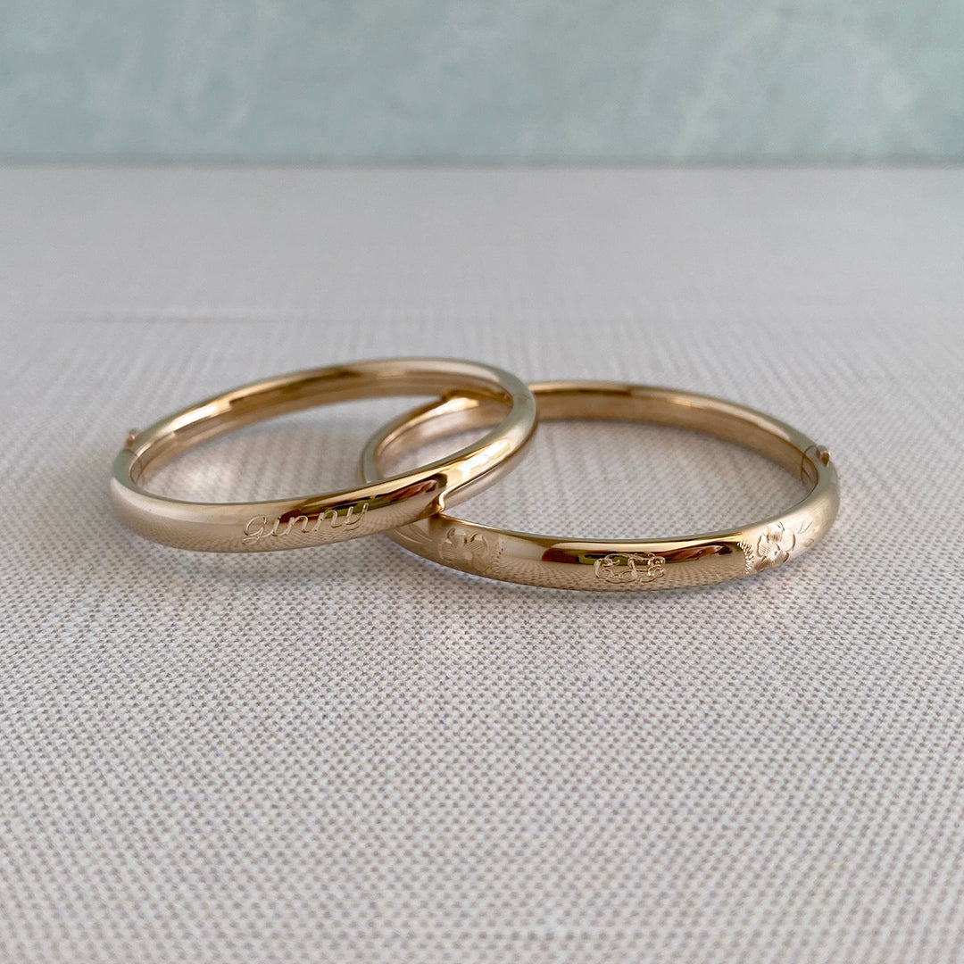 Child 14K Gold Filled Floral Signet 5mm Bangle with machine engraved interlocking script monogram