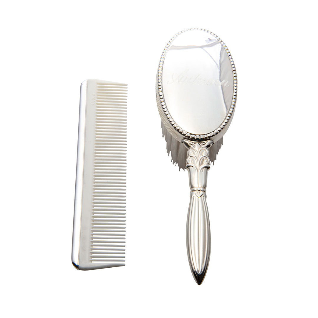 Sterling Silver Girl's Oval Brush & Comb Set with machine engraving