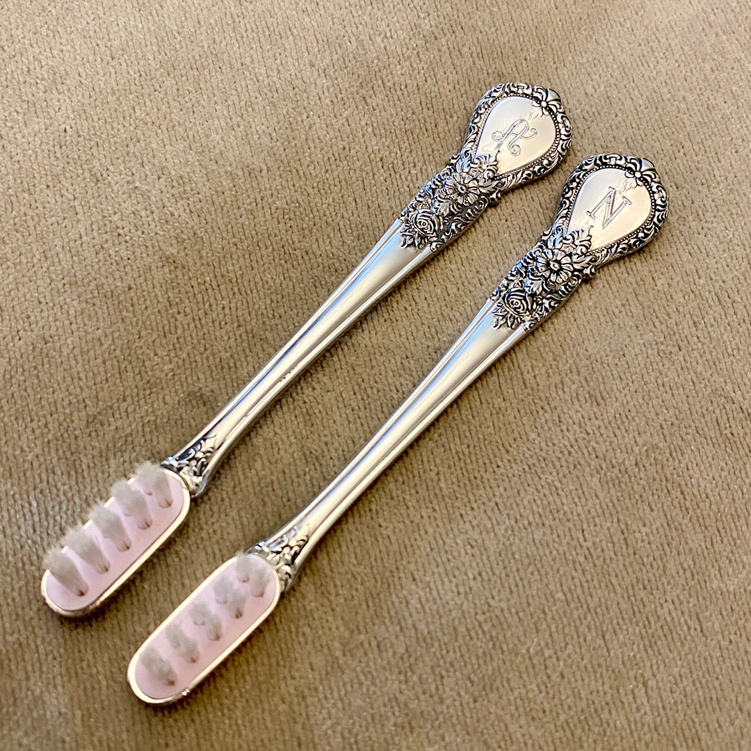 Pewter Handle Pink Baby Toothbrush with machine engraved initials