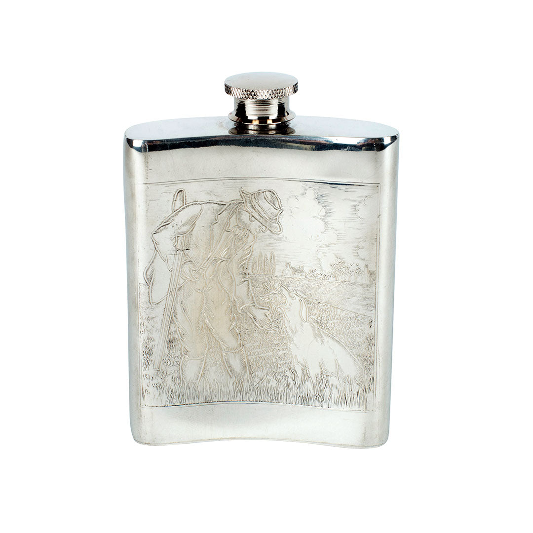 English Pewter Hunting Scene Hip Flask 6oz