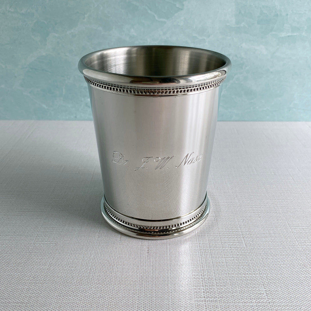 Pewter Scales of Justice Julep Cup 10oz with machine engraving