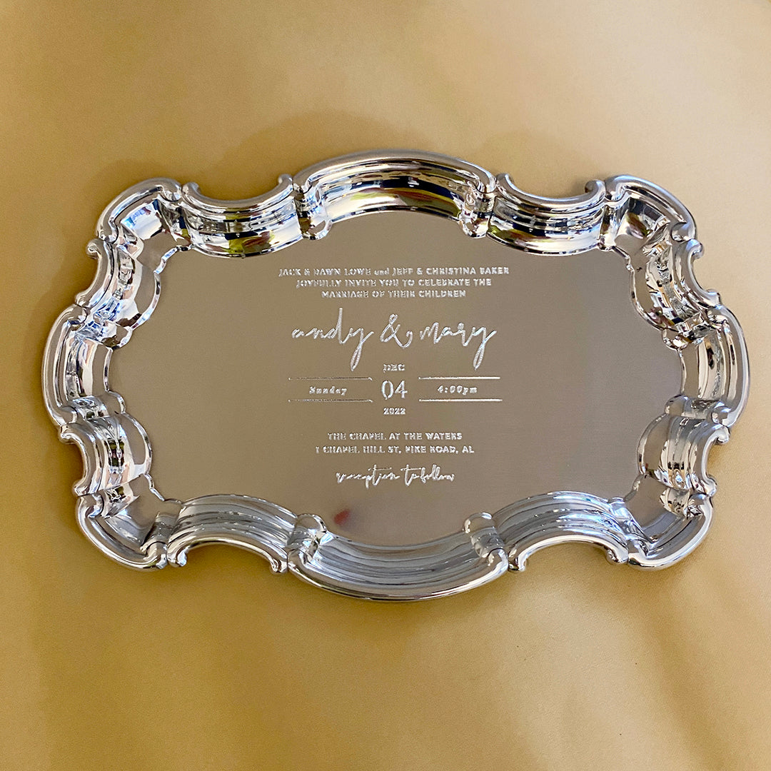 Pewter Chippendale Tray with Engraved Wedding Invitation