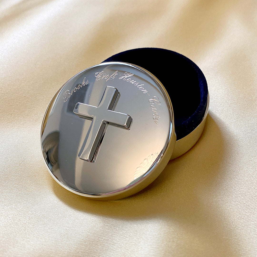 Small Round Cross Keepsake Box with machine engraved script name