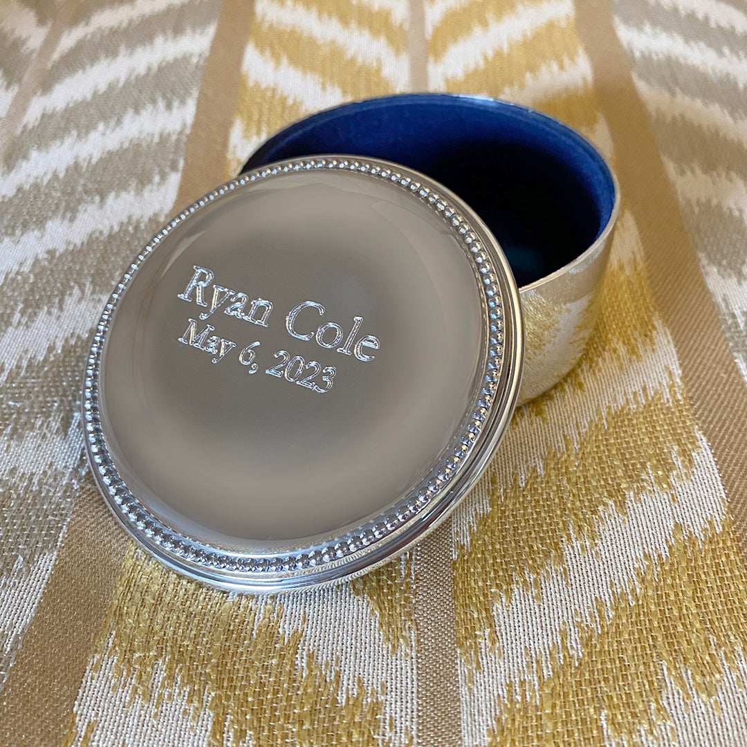 Pewter Round Beaded Jewelry Box with machine engraving