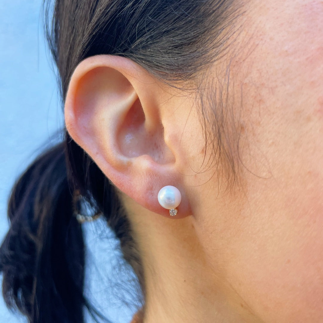 7mm “A” Akoya Pearl & Diamond 14K Yellow Gold Stud Earrings