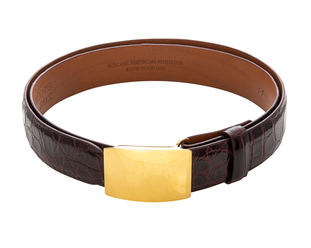 Plain Gold Plated Sterling Silver Belt Buckle 30mm on Cordovan Burgundy Belt Strap