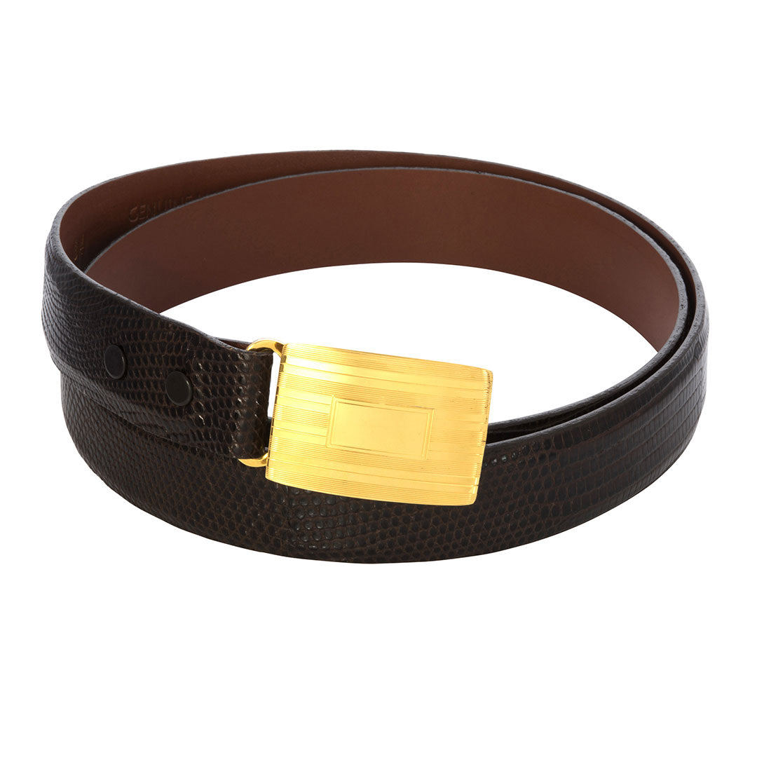 Engine Turned Gold Plated Belt Buckle on brown lizard belt strap