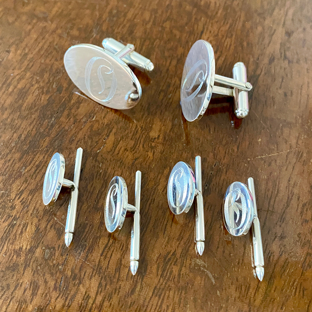 Sterling Silver Oval Cufflinks with machine engraved ornate script initial