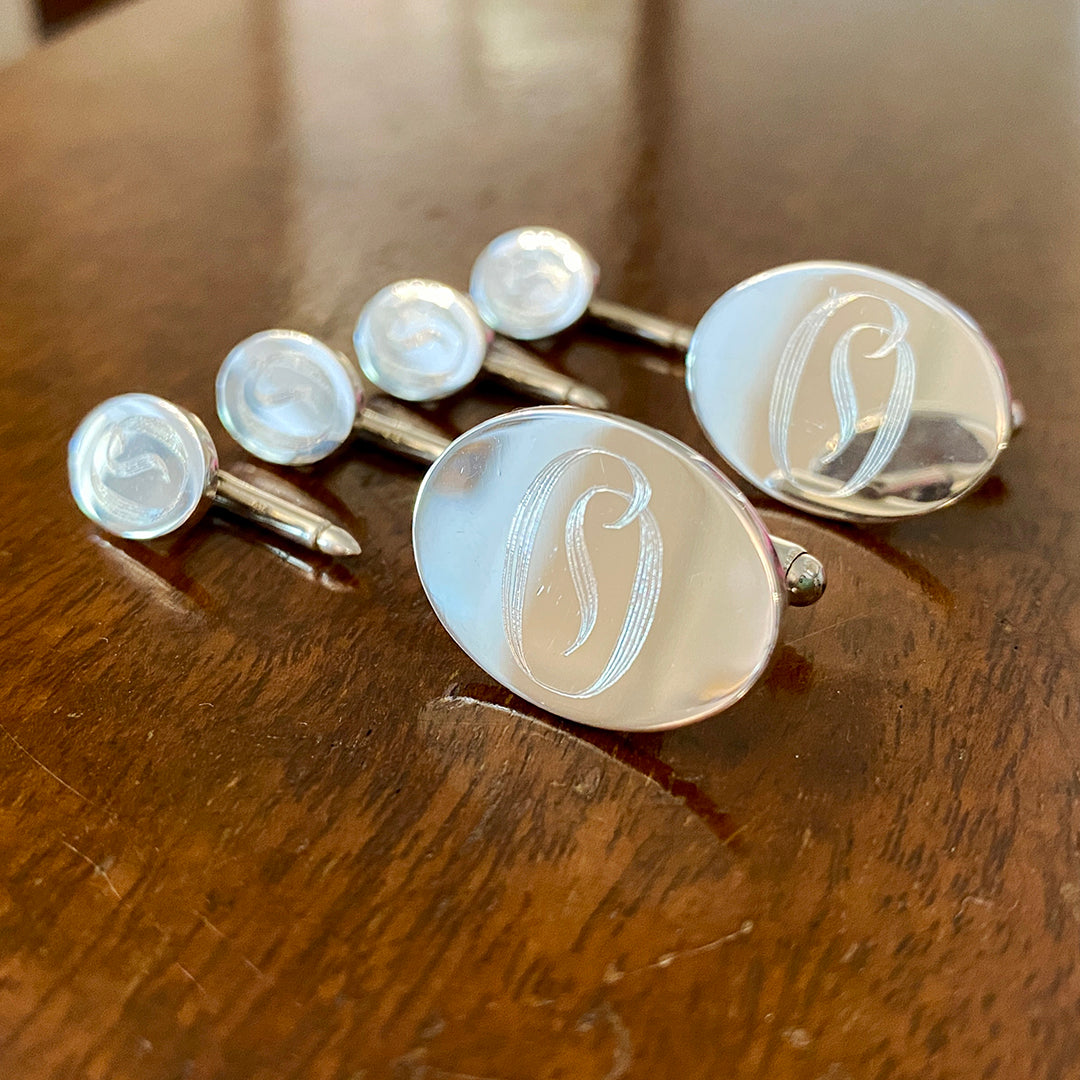 Sterling Silver Oval Cufflinks with machine engraved ornate script initial