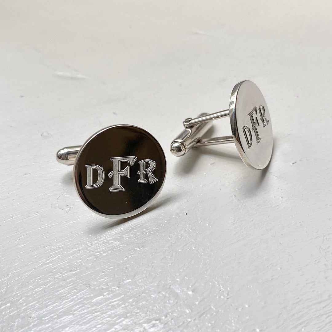 Sterling Silver Plain Round Cufflinks with machine engraved monogram