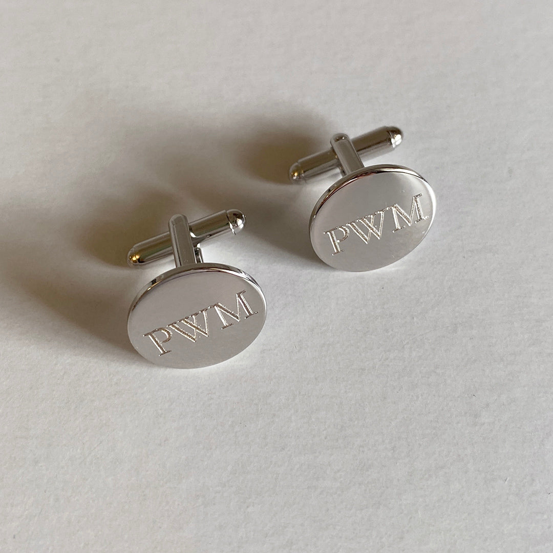 Silver Plated Polished Round Cufflinks with machine engraved initials