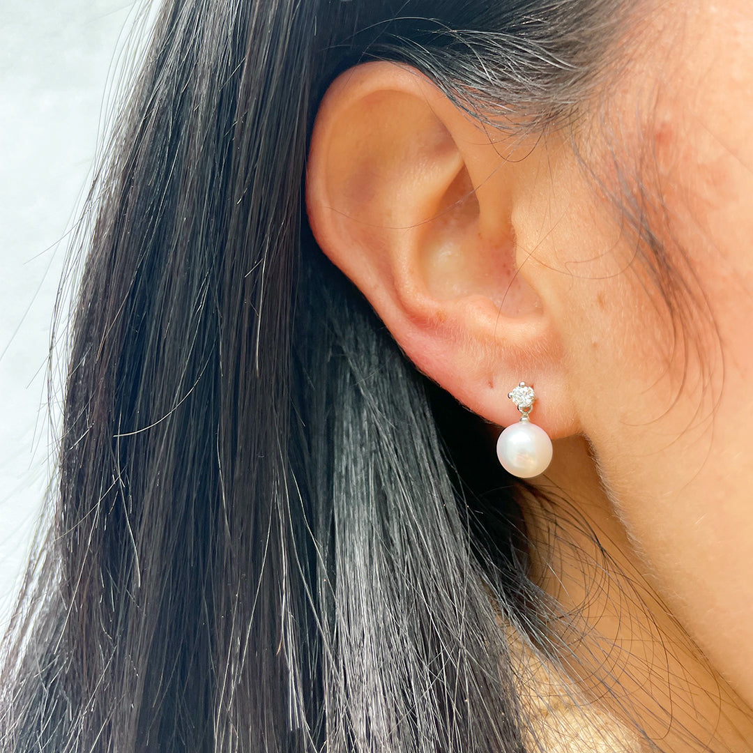 Diamond & 8mm Akoya Pearl Drop 14K White Gold Earrings