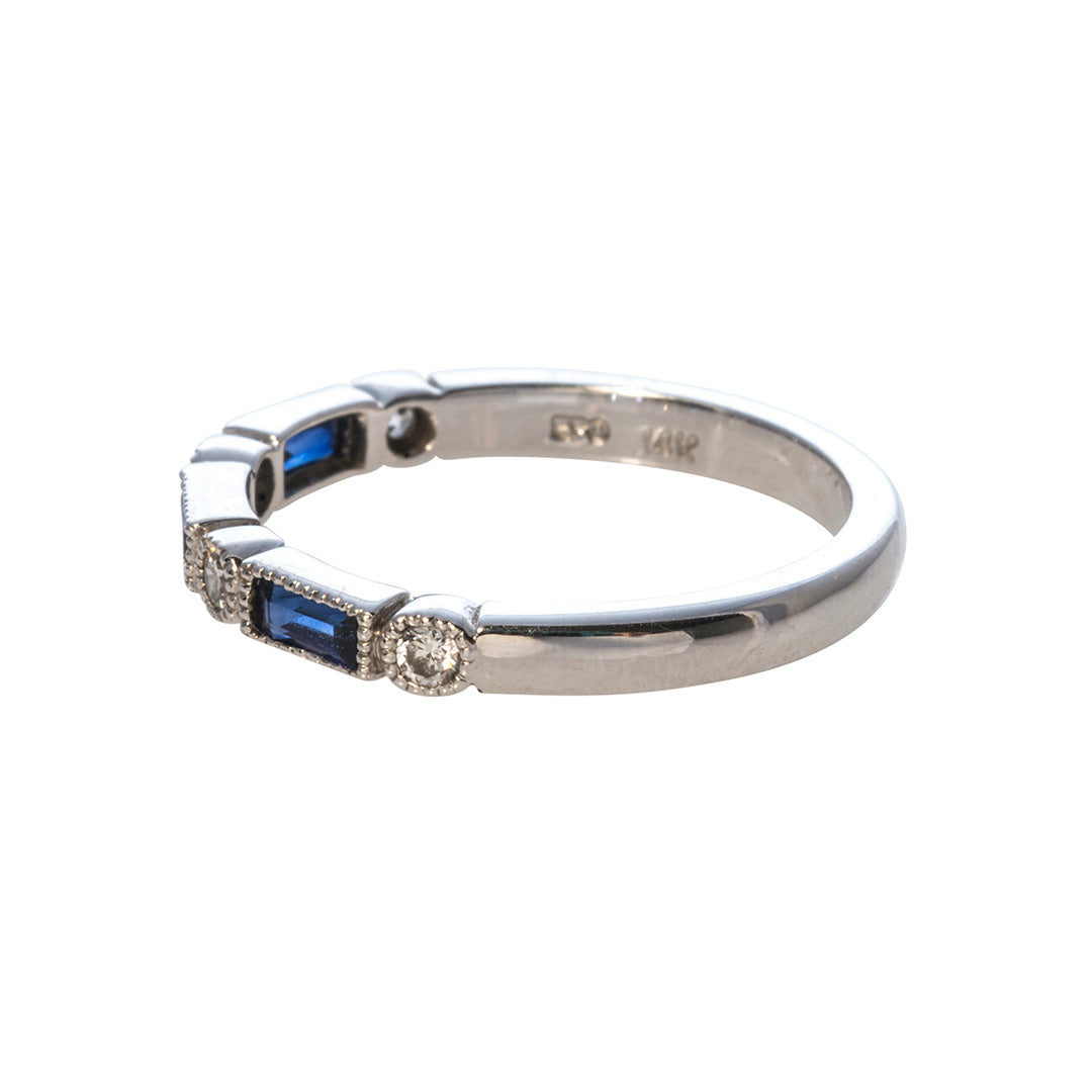 Baguette Sapphire & Diamond Milgrain Halfway 14K Gold Band
