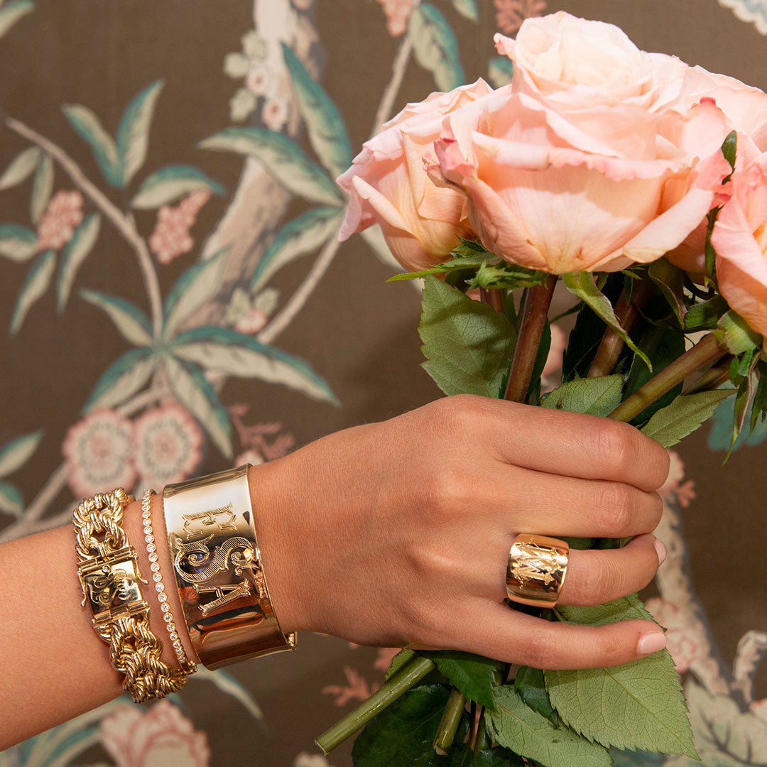 Engraved Monogram Extra Wide 14K Gold Cuff Bangle