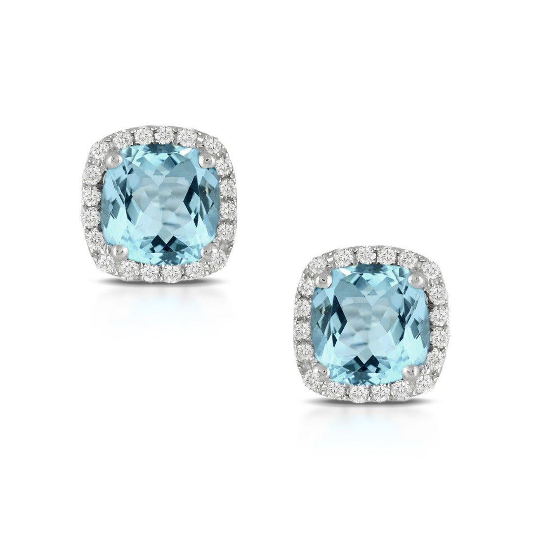 Cushion Blue Topaz & Diamond Halo 18K White Gold Stud Earrings