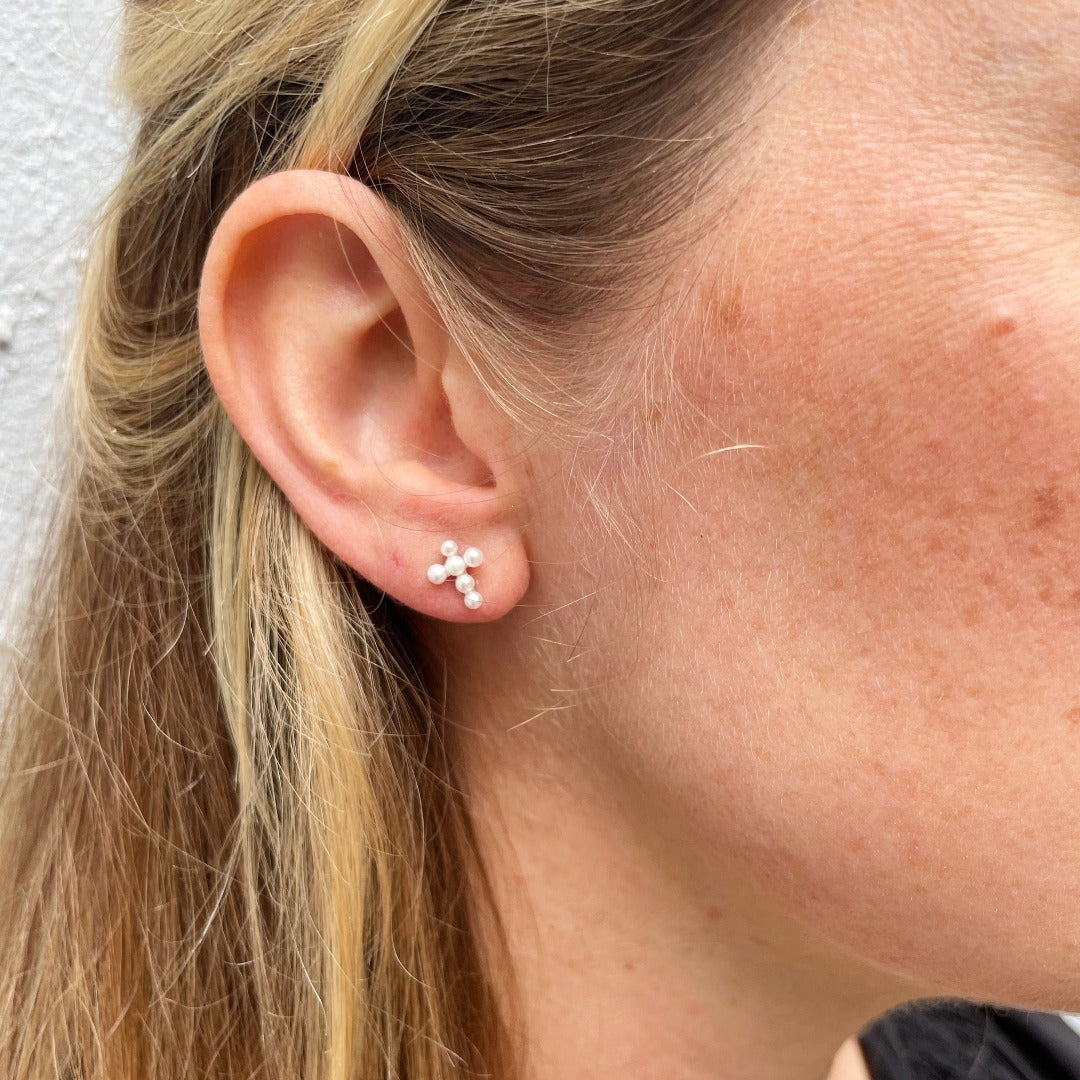 Child Sterling Silver Pearl Cross Stud Earrings