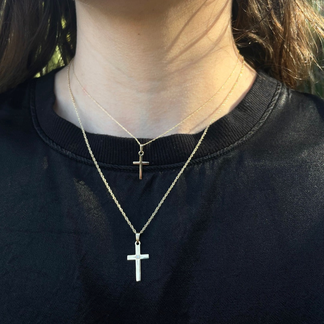14K Yellow Gold Diamond 12x23mm Cross Pendant Necklace