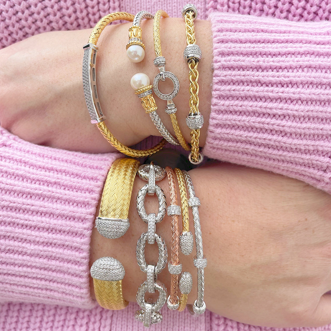 Charles Garnier CZ Rhodium Plated Silver 3mm Mesh Cuff Bangle